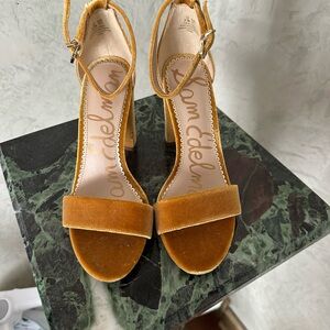 Sam Edelman Mustard Velvet Ankle-Strap Block Heels